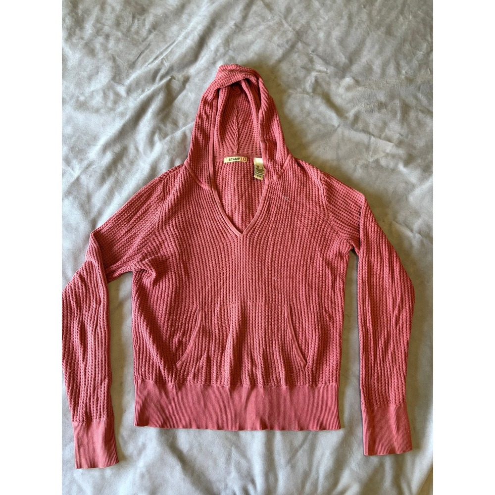 Stamp 10 Pink Waffle Knit Hooded Sweater Cotton V-Neck Kangaroo Pocket Large